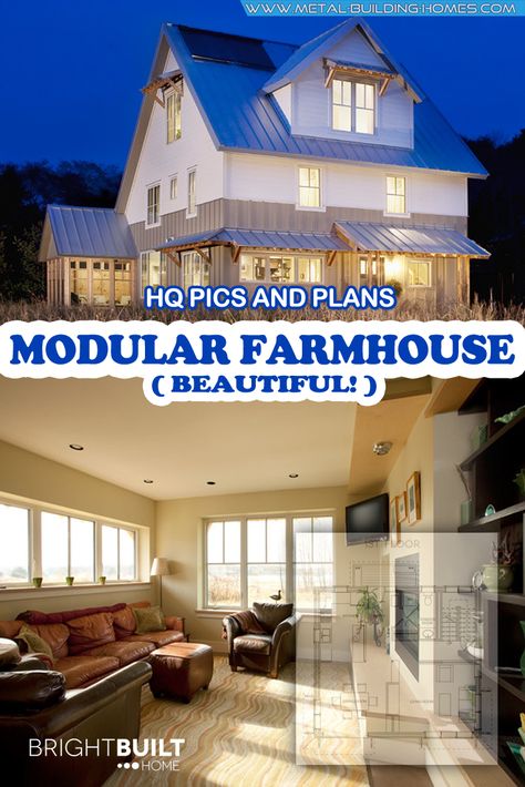 1608-2200 sq. ft. Beautiful Modular Farmhouse. Own this modular farmhouse that sits in the heart of a prairie. Bright Built Homes has created a carefully planned and designed farmhouse that offers an energy-saving feature which will help you maximize your utility savings. #metalhousing #metalhouse #Metalbuildinghomes #housingsolution #Farmhouse Modular Barndominium, Modular Homes Farmhouse Floorplans, Modular Homes Farmhouse 4 Bedroom, House Plans 2200 Sq Ft, Prefab Homes Affordable, Modular Homes Farmhouse, Modular Farmhouse, Small Barndominium Floor Plans, Farmhouse Blueprints