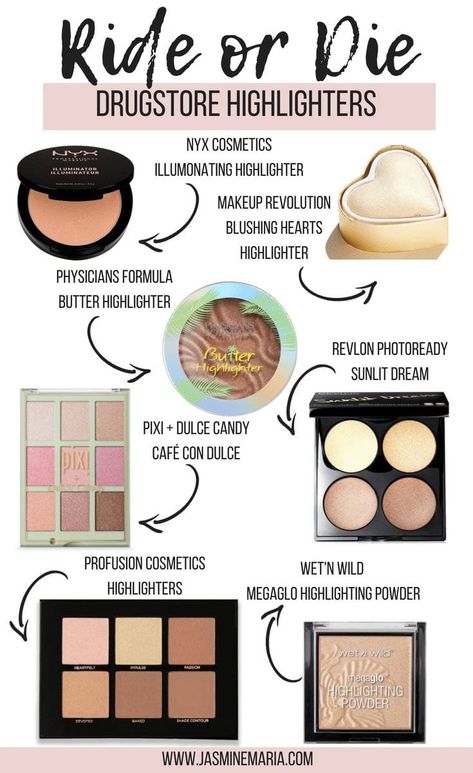 Best Highlighter Makeup, Make Up Guide, Drugstore Highlighter, Beauty Shelf, Drugstore Eyeshadow, Drugstore Products, Best Highlighter, Fixing Spray, Pixi Beauty