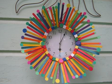 Simple wall clock...Colored Popsicle sticks...Foam circles and squares...Hot glue Sticks Crafts, Fair Crafts, Summer Health, Food Activities, Stick Crafts, Health Spa, Popsicle Stick Crafts, Art And Craft Design, Popsicle Stick