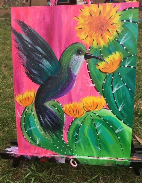 How To Paint A Hummingbird - Step By Step Painting Hummingbird Painting Acrylic, Kids Canvas Painting, Hummingbird Painting, Cactus Painting, Summer Painting, Easy Canvas Painting, Cactus Art, Canvas Painting Diy, Simple Acrylic Paintings