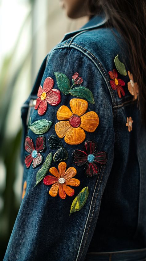 Custom-designed jean jacket featuring a colorful floral hand-painted design on the front, captured in soft natural light with a Sony Alpha a7 III and 35mm lens, vibrant detail. Flower Embroidery Denim Jacket, Floral Jean Jacket, Embroidery Denim Jacket, Jean Jacket Design, Denim Jacket Embroidery, Embroidery Denim, Floral Jeans, Floral Jacket, Jacket Design