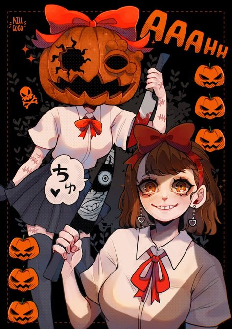 Pumpkin Creature Art, Halloween Anime Fanart, Halloween Manga Art, Holding Pumpkin Pose Reference, Pumpkin Head Manga, Halloween Reference Drawing, Demon Slayer Demon Tanjiro, Pumpkin Head Oc, Pumpkin Night Pfp