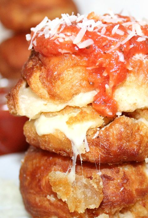 ~Fried Mozzarella Stick Doughnuts! | Oh Bite It Spaghetti Sides Dishes, Mozzarella Stick, National Doughnut Day, Fried Mozzarella, Canned Biscuit, Deep Fried Recipes, Bar Snacks, Biscuit Recipes, Canned Biscuits