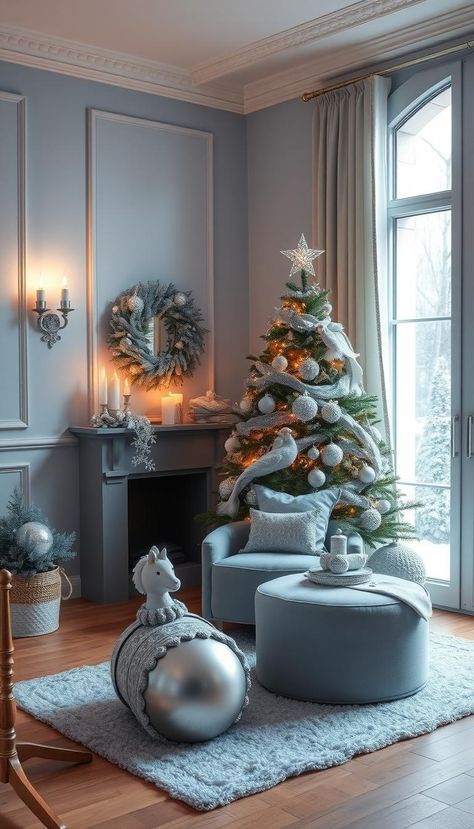 Create a magical winter vibe with frosty blue and silver decor! Perfect for a sophisticated, cozy holiday atmosphere. 🎄✨ #BlueAndSilver #HolidayInspo Blue Silver Christmas Decor, Blue And Silver Decor, Blue Silver Christmas, Silver Christmas Decor, Silver Christmas Decorations, Magical Winter, Silver Decor, Cozy Holiday, Silver Christmas