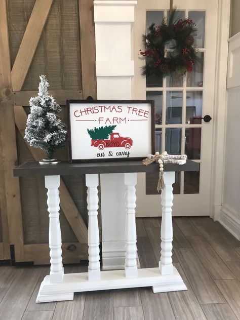 Spindles Repurposed, Spindle Projects, Spindle Ideas, Christmas Tree Farm Sign, Suburban Farmhouse, Tree Farm Sign, Spindle Table, Spindle Crafts, Holiday Wood Crafts