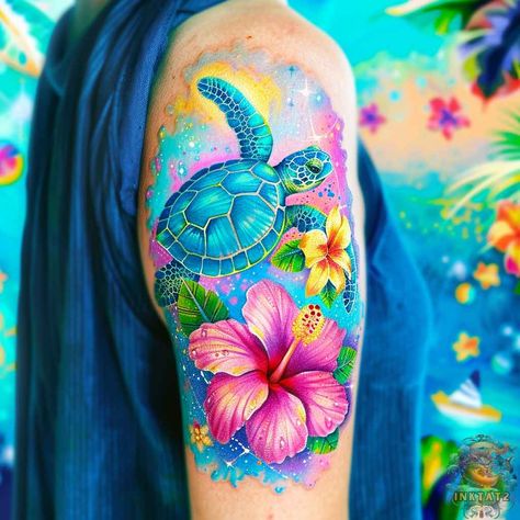 Purple Hibiscus Flower Tattoo, Turtle Cover Up Tattoo, Sea Turtle Cover Up Tattoo, Polynesian Flower Tattoo Designs, Sea Turtle Hibiscus Tattoo, Coloured Flower Tattoo, Hibiscus Tattoo Color, Colorful Tattoos For Black Women, Sea Turtle Watercolor Tattoo