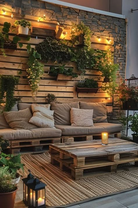 Rustic pallet lounge haven for a budget-friendly patio Temporary Backyard Ideas, Backyard Seating Ideas On A Budget, Small Backyard Remodel, Backyard Remodel Ideas, Deck Ideas On A Budget, Outdoor Seating Ideas, Small Backyard Decks, Patio Deck Ideas, Ideas Terraza