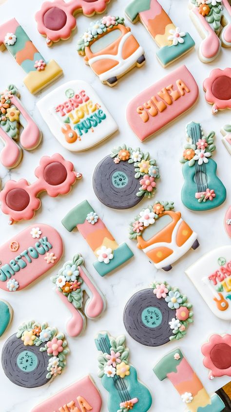 Omaha Nebraska Custom Birthday Sugar Cookies — The Flour Shoppe Cookie Co Groovy Cookies, Hippie Birthday Party, 2nd Birthday Party For Girl, Hippie Birthday, Hippie Party, 2nd Birthday Party Themes, First Birthday Themes, Fancy Cookies, Omaha Nebraska