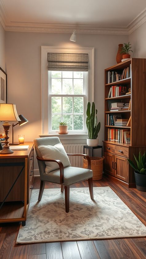 Maximize your productivity with home office ideas for small spaces tailored to your needs. Small Office Inspo Decor, Small Office Corner In Living Room, Cozy Small Office Ideas, Home Office With Tv And Couch, Small Office Seating Area, Cozy Office Nook, Cozy Office Design, Small Cozy Office Ideas, Small Office At Home