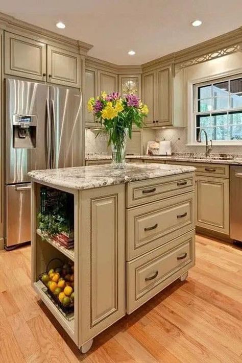 Antique White Kitchen Cabinets, Antique White Kitchen, Mobile Kitchen Island, Mobile Kitchen, Small Kitchen Layouts, Small Kitchen Island, Diy Kitchen Island, Small Space Kitchen, Kitchen Island Design