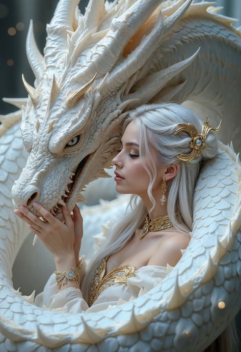 White And Gold Gown, Christmas Dragon, Dragon Princess, Perfect Teeth, Beautiful Dragon, Art Daily, Dragon Scale, White Dragon, White On White