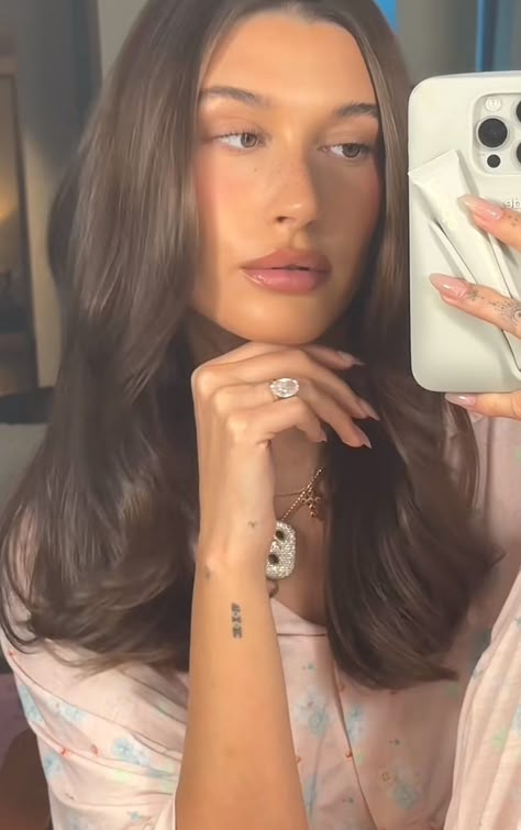 Hailey Bieber Hair Dark, Haley Bieber Hair Brown, Haley Bieber Brunette, Hailey Bieber Dark Brown Hair, Hailey Bieber Dark Hair, Hailey Bieber Brunette, Hailey Bieber Brown Hair, Brunette Aesthetic, Hailey Rhode