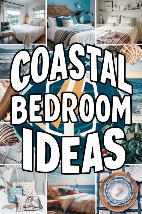 Coastal-themed bedroom design ideas collage with nautical elements and beach-inspired decor. Ocean Colors Bedroom, Lake Cottage Interiors Decorating Ideas, Relaxing Bedroom Decor Ideas, Coastal Bedroom Decor Ideas, Coastal Bedroom Wallpaper, Coastal Farmhouse Decor Bedroom, Coastal Granddaughter Dorm Room, Beach Condo Bedroom, Lake House Bedrooms