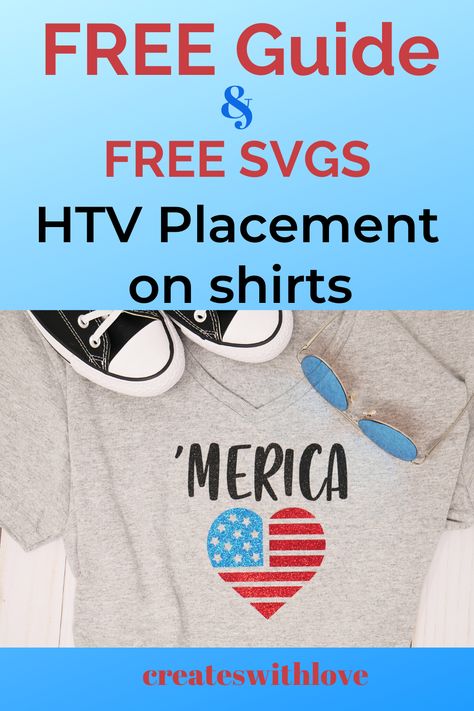 Have you ever struggled with HTV Placement on a shirt?  Wondered where the HTV Placement should be on a tiny shirt compared to a 4XL shirt?  Do you design shirts to sell?  What about adding vinyl to V Neck or Scooped Neck Shirt?  Grab this FREE Guide to print or save to easily find your HTV Placement quickly.  I also included several FREE SVG designs too! Htv Placement On Shirts, Placement On Shirts, Print And Cut Cricut, Tiny Shirts, Free Dxf Files, Logo Placement, Free Svgs, Design Shirts, Cricut Projects Beginner