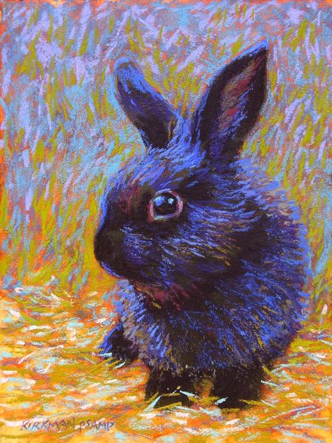 "Baby Bunny" (pastel, 8x6 inches) Here's a little "Baby Bunny" for your enjoyment! You might notice I used some black Art Spectrum primer over my usual gold and terra cotta on the underpainting, to get a good base tone for this black bunnyling. I did smudge some T.L. Eggplant and black pastel in there first, just to demonstrate an alternative. I also decided to continue the little confetti-like strokes into the background to echo the texture of bunny fur. :) Watch a quick speed video here! Colored Pencil Artwork Ideas, Black Pastel, Bunny Painting, Rabbit Painting, Colored Pencil Artwork, Oil Pastel Paintings, Oil Pastel Art, Oil Pastel Drawings, Baby Bunny