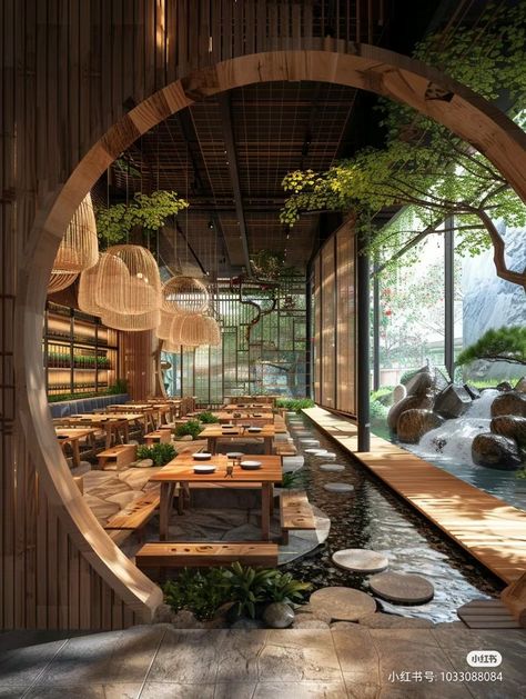 Garden Restaurant Design Outdoor, Rustic Restaurant Interior Design Ideas, Restaurant Architecture Concept, Cafe Restaurant Concept, Tea Cafe Design, Chinese Cafe Design, Zen Restaurant, Zen Cafe, Nature Restaurant