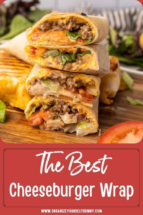 This cheeseburger wrap is filled with juicy ground beef, melted cheese, and all your favorite hamburger toppings. Adding it to the grill for a few minutes will add crunch to the burrito style burger giving it a delicious crunch wrap flavor! Once you serve this grilled tortilla burger wrap to your family, they will ask for it every night! The best healthy burger wrap recipe! Tortilla Burger, Cheeseburger Wrap, Burger Wrap, Hamburger Toppings, Cheeseburger Wraps, Clean Dinner Recipes, Crunch Wrap, Healthy Burger, Wrap Recipe