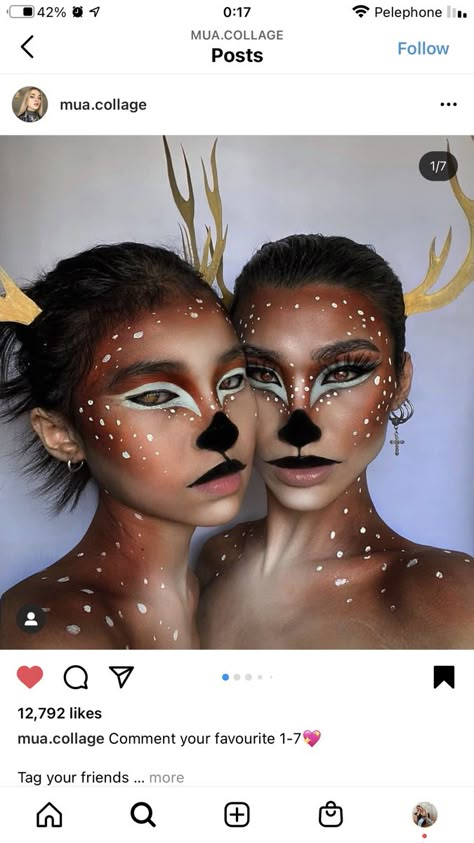 Realistic Deer Makeup, Faun Makeup Deer, Rain Deer Makeup, Rudolf Makeup, Animal Inspired Makeup, Deer Face Makeup, Animal Halloween Makeup, Halloween Deer Makeup, Rudolph Makeup