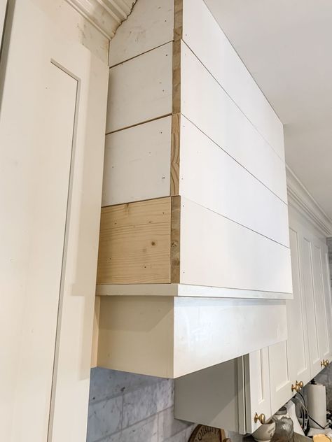 DIY Shiplap Kitchen Hood Wood Trim #diykitchenhood #kitcheninspiration #DIY #tutorial Shiplap Kitchen Hood, Shiplap Hood Vent Cover, Hood Vent Cover Diy, Shiplap Range Hood Cover, Shiplap Hood, Shiplap Vent Hood, Shiplap Hood Vent, Kitchen Hood Wood Trim, Diy Wooden Range Hood Cover