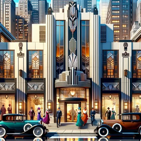 Exploring Art Deco: A Journey from the 1920s Onward Art Deco Buildings Architecture Design, Hollywood Architecture, Art Deco Buildings Architecture, Art Deco House Exterior, Original Art Deco Interior, Art Deco Poster Design, 1920s Architecture, Building Styles, Art Deco Exterior