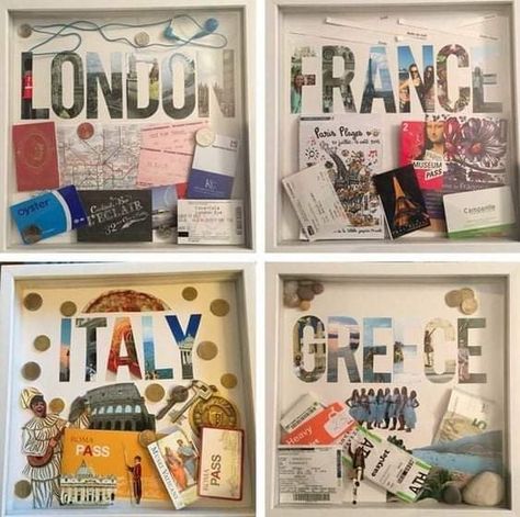 Travel Shadow Boxes, Travel Inspired Decor, Travel Room, Travel Wall Decor, Travel Crafts, Travel Keepsakes, Travel Wall, Travel Souvenirs, Travel Inspired