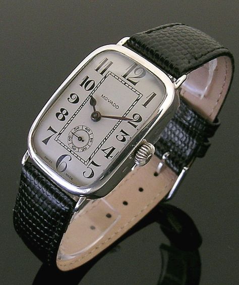 1917 silver rectangular vintage Movado watch - Olde Timers Movado Watch, Swiss Army Watches, Watches Luxury, Vintage Omega, Expensive Watches, Cartier Tank, Vintage Watches For Men, Women Watches, Luxury Sunglasses