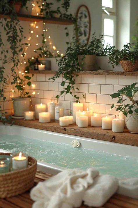 23 Elegant Bathroom Decor Ideas That Will Outclass Any 5-Star Hotel | DIY Vibes Spa Styled Bathroom, Nature Aesthetic Bathroom, Cozy Earthy Bathroom, Bathtub With Plants, Hotel Bathroom Aesthetic, Relaxing Bathroom Ideas, Spa Bathroom Ideas Master Bath, Bath Tub Aesthetic, Jacuzzi Tub Bathroom