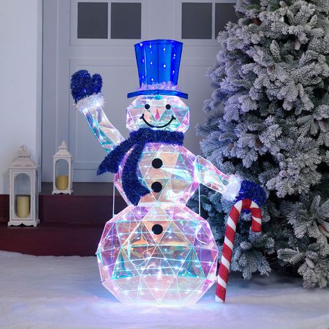 Prismatic Christmas Decor, Iridescent Christmas Decor, Snowman Outdoor Decorations, Iridescent Christmas, Christmas Yard Decor, Lighted Snowman, Snowman Christmas Decorations, Light Pattern, Christmas Yard Decorations