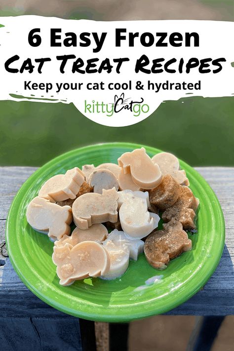 Keeping your cat cool and hydrated is especially important during the hot, summer months. Frozen cat treats are an effective way to accomplish both. These cat treat recipes are super easy and take almost no time to make, and your cat will LOVE them! Frozen Cat Treats, Diy Cat Treats Recipes, Homemade Cat Treats Recipes, Diy Cat Treats, Diy Cat Food, Healthy Cat Food, Homemade Pet Treats, Cat Cool, Kitten Treats