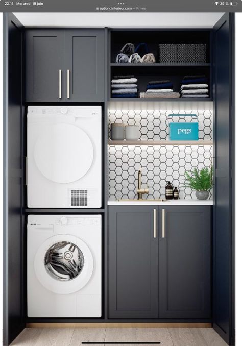 Laundry Room Shelves With Stackable Washer And Dryer, Hidden Stackable Washer And Dryer, Bathroom Wall Pannel Ideas, Laundry Room Decorating, Utility Room Designs, Laundry Room Wall Decor, Dream Laundry Room, Laundry Room Closet, Laundry Room Layouts