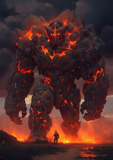 Fire Giant Art, Lava Person, Ash Elemental, Elemental Titan, Giant Monster Concept Art, Golem Fantasy Art, Sand Elemental, Fire Titan, Fire Golem