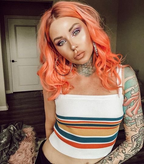 Electric Peach Hair, Red Peach Hair, Neon Peach Hair, Peach Hair Dye, Blorange Hair, Hair For Summer, Kristen Leanne, Pink And Orange Hair, Peach Hair Colors