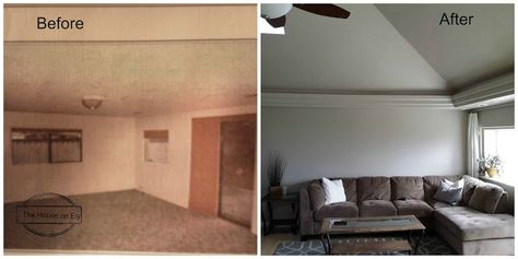 Diy Vaulted Ceiling Before And After, Closet Vaulted Ceiling, Diy Stamped Concrete, Vaulted Ceiling Living Room, Diy Room Divider, Stamped Concrete Patio, Low Ceilings, Diy Ceiling, Living Room Ceiling