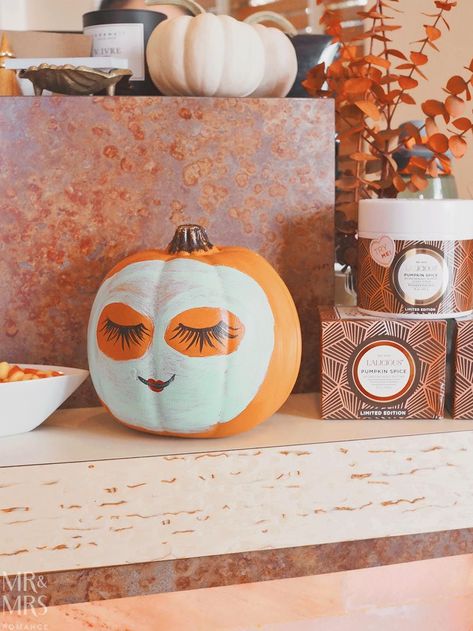 #pumpkincarving, #halloweenpumpkins, #pumpkinart, #halloweendecor, #spookypumpkins, #halloween2023, #creativehalloween, #pumpkindecor, #halloweeninspiration, #carvingideas Spa Painted Pumpkins, Halloween Facial Specials, Spa Halloween Decorations, Halloween Spa Party, Spa Day Pumpkin, Halloween Skin Care, Spa Pumpkin Painting, Halloween Esthetics, Spooky Spa