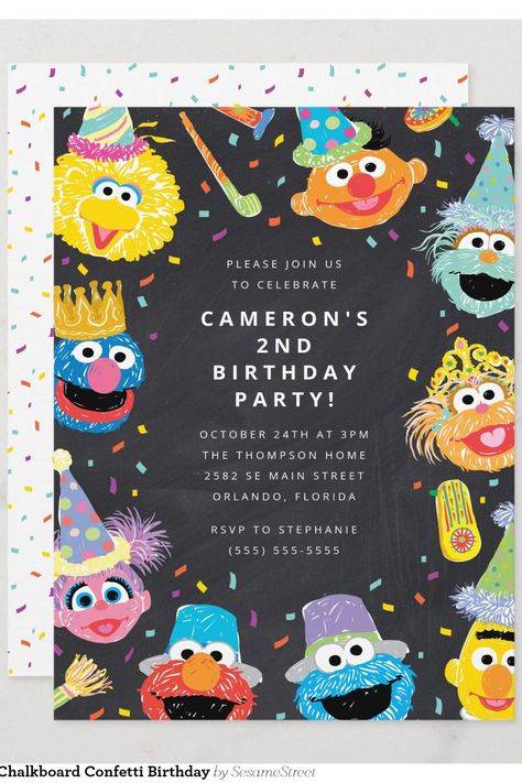 Sesame Street Pals Chalkboard Confetti Birthday Invitation Sesame Street 2nd Birthday Girl, Sesame Street First Birthday Girl, Sesame Street Birthday Invitation, Elmo Birthday Party Boy, Sesame Street Birthday Invitations, Street Bedroom, Sesame Street Invitations, Party Chalkboard, 2nd Birthday Party For Boys