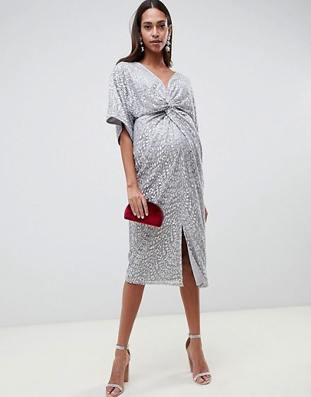 Little Mistress Maternity all over sequin knot front midi dress in silver Maternity Party Outfit, Sequin Maternity Dress, Pregnant Party Dress, Cocktail Dress Maternity, Maternity Evening Dress, Dresses For Pregnant Women, Preggo Fashion, Maternity Chic, Patagonia Pullover