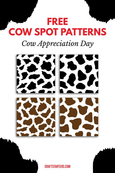 Get free food at Chick-fil-A on Cow Appreciation Day (July 9th, 2019) by dressing up as a cow. Use our free cow print patterns as part of your costume. Download them in our animal print collection at https://craftstarters.com/download/digital-paper/animal-print/ Cow Print Printable, Cow Print Svg Free, Free Cow Printables, How To Paint Cow Print, Cow Print Classroom, Cow Print Svg, Cow Mask, Cow Appreciation Day, Cow Print Fabric