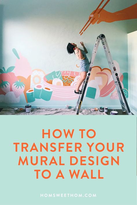 Graphic Mural Wall, How To Draw A Mural On A Wall, Small Mural Painting, Paint A Mural On A Wall, Hand Painted Bedroom Mural, Art Studio Mural Ideas, Kitchen Mural Ideas Paintings, Murals In Homes, Positive Mural Art