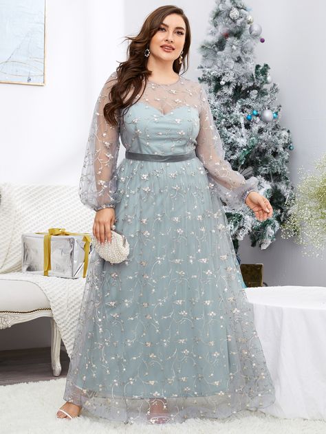 Plus Embroidery Mesh Overlay A-line Dress | SHEIN USA Lace Jacket Dress, Mock Dress, Plus Size Long Dresses, Big Size Dress, Soiree Dress, Women Lace Dress, Plus Size Gowns, Bridesmaid Dresses Plus Size, Shein Dress