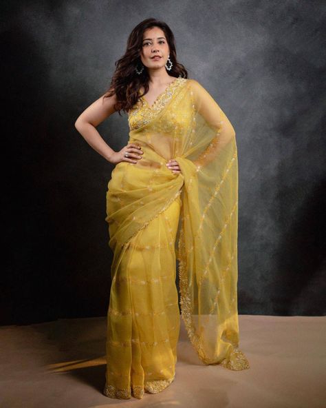 raashii khanna in a yellow saree by megha bansal Saree For Haldi Function, Yellow Saree For Haldi, Saree For Haldi, Haldi Function, Rashi Khanna, Latest Designer Sarees, Yellow Saree, Traditional Indian Outfits, Designer Saree Blouse Patterns