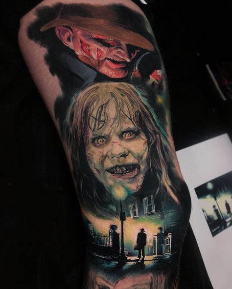 Exorcist Tattoo Design, The Exorcist Tattoo, Magritte Paintings, Horror Tattoos, Colored Tattoo Design, Soul Tattoo, Tattoo Pictures, Bone Tattoos, Tattoo People