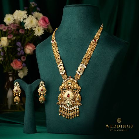 Gold Sets Jewelry Indian Design Antique, Ramnavmi Jewellery Gold, Long Set Gold Jewellery, Bridal Gold Set Design, Manubhai Jewellers Necklaces Gold, Antique Long Necklaces Design, Manubhai Jewellers Necklaces, Bridal Gold Jewellery Design Indian, Antic Jewellery Designs