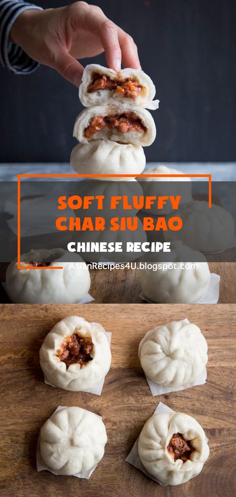 Soft Fluffy Char Siu Bao (Chinese Steamed BBQ Pork Buns)- Juicy and sweet Chinese bbq pork (char siu) is wrapped in soft and pillowy Chinese steamed buns. #Chinese #Recipes #SiuBao Char Siu Buns, Char Sui Pork, Bbq Pork Buns, Chinese Buns, Char Siu Bao, Steam Buns Recipe, Asian Pork Recipes, Chinese Steamed Buns, Siu Bao