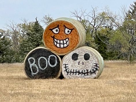 Painted Hay Bales Halloween, Hay Bale Halloween, Halloween Hay Bales, Painted Hay Bales, Hay Bale Decorations, Hay Bale Art, Outdoor Christmas Decorations Yard, Christmas Farm, Fall Thanksgiving Decor