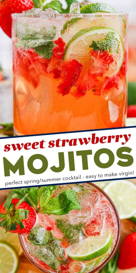 These sweet strawberry mojitos are a summery twist on a classic mojito cocktail, and are perfect for all your warm-weather gatherings! This recipe includes both small and large batch instructions. Strawberry Mojitos, Strawberry Cocktail Recipe, Strawberry Mojito Recipe, Classic Mojito, Strawberry Cocktails, Easy Summer Cocktails, Summer Drinks Alcohol, Batch Cocktails, Strawberry Mojito