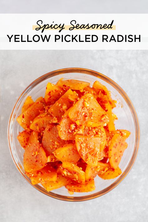 Yellow Pickled Radish, Yellow Radish, Korean Pickled Radish, Summer Squash Pasta, Cold Side Dishes, Pickled Radish, Salmon Rice Bowl, Radish Recipes, Cold Side