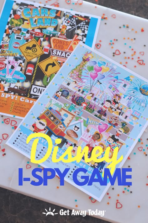 Disney I Spy Game: Main Street U.S.A and Cars Land || Get Away Today Disney Theme Day At School, Disney Camp Ideas, Disneyland Party Activities, Disney Summer Camp Ideas, Disney Themed Games For Kids, Disneyland Party Games, Disney I Spy Printables, Disney Day At School, Disneyland Games