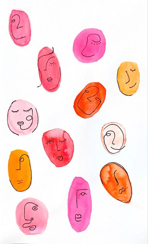 Watercolor Line Drawing, Watercolor Blob Art, Funky Watercolor Art, Line Art With Watercolor, Bazar Ideas, Watercolor Line Art, Line Faces, Face Doodles, Trendy Watercolor