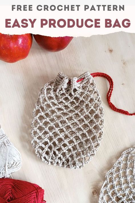 Produce Bag Crochet Pattern, Crochet Produce Bag Free Pattern, Crochet Produce Bag, Crochet Small Bag, Crochet Mens Scarf, Quick Crochet Gifts, Crochet Men, Reusable Produce Bags, Small Crochet