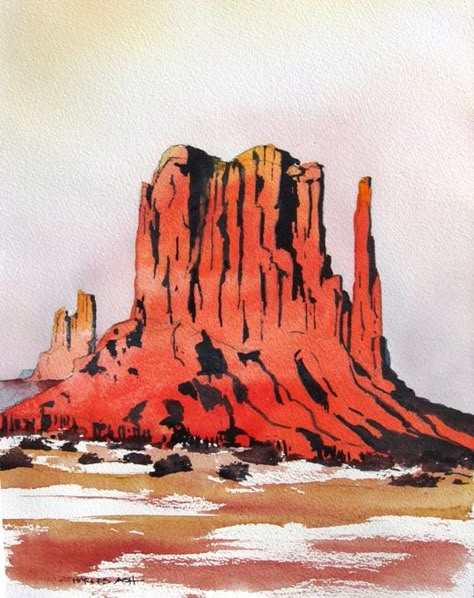 Navajo Paintings, Mountain Watercolor Painting, Painted Buffalo, Sunrise Drawing, Ink And Watercolor Art, Desert Watercolor, Desert Paintings, Taos Art, Southwest Landscape